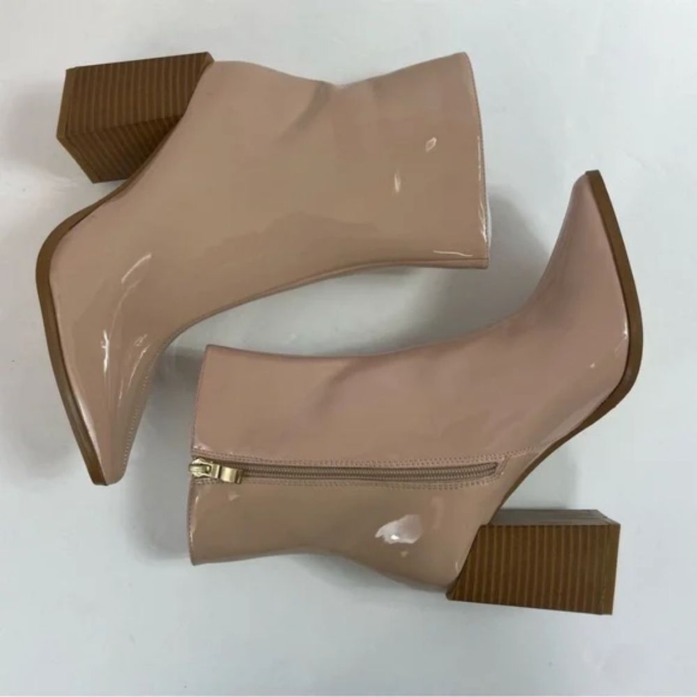 Lulus Dawnn Light Nude Patent Pointed Toe Block Heel Ankle Booties Size 7.5 - Picture 6 of 6